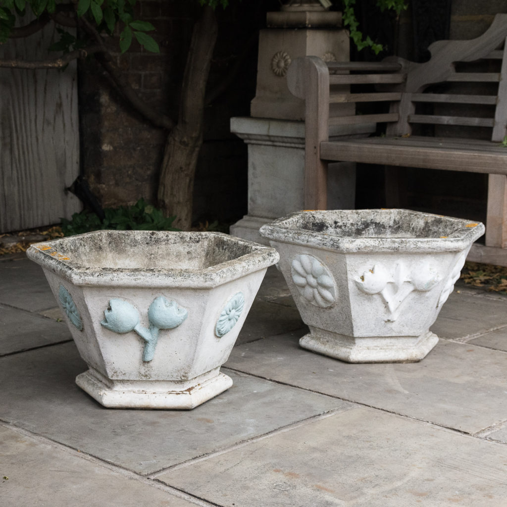 Pair of hexagonal reconstituted stone garden planters,