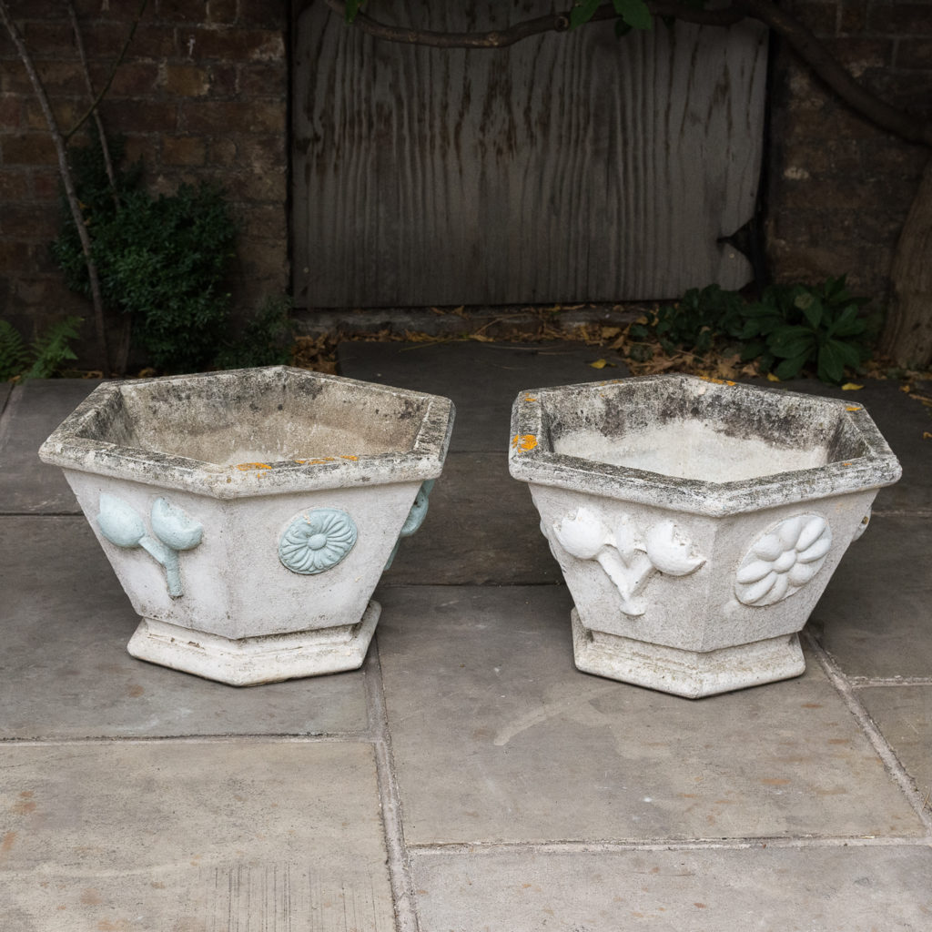 Pair of hexagonal reconstituted stone garden planters,