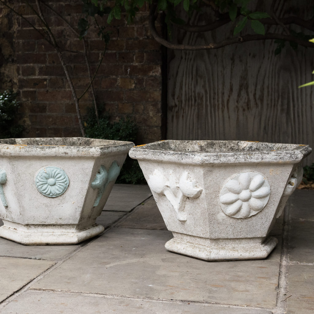 Pair of hexagonal reconstituted stone garden planters,