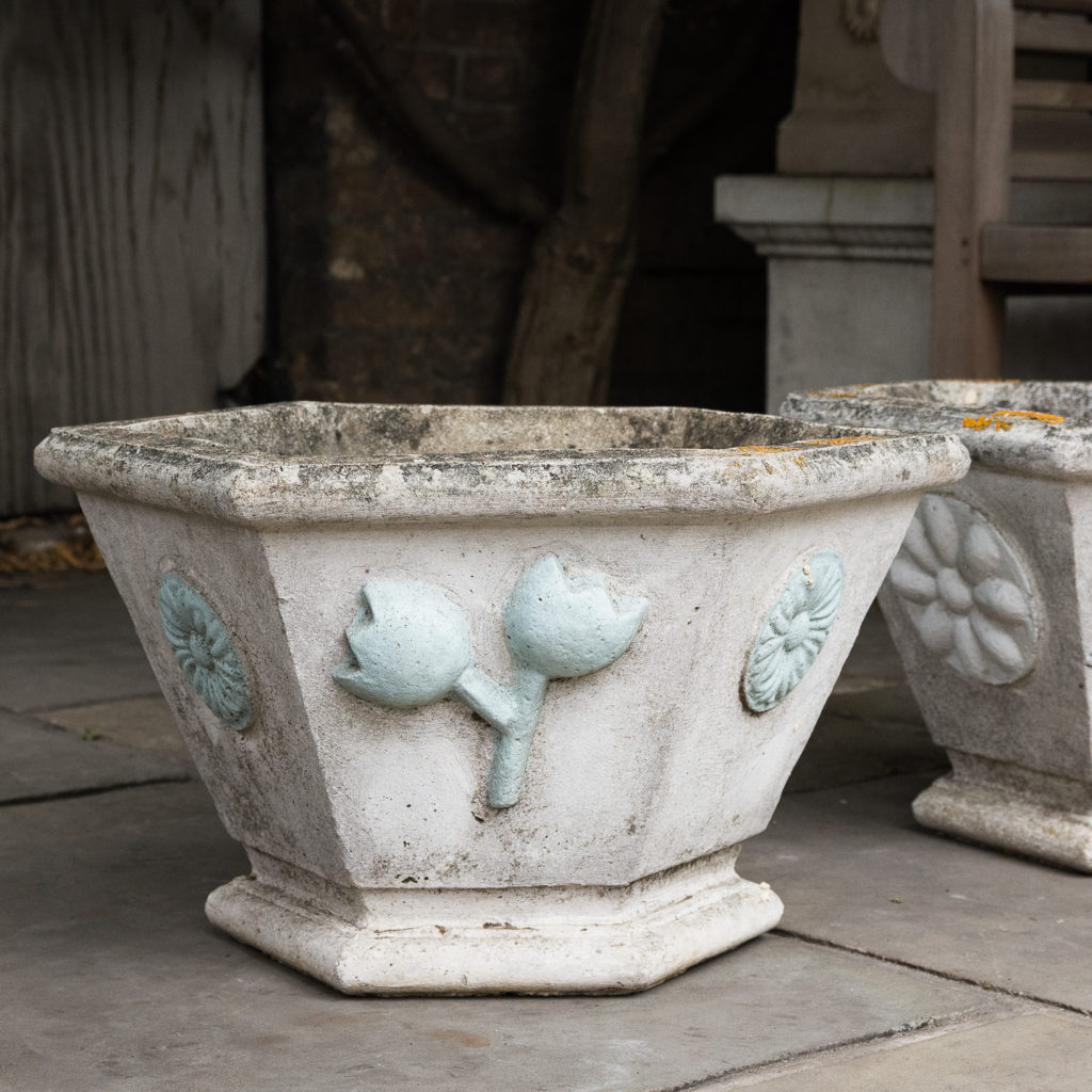 Pair of hexagonal reconstituted stone garden planters,