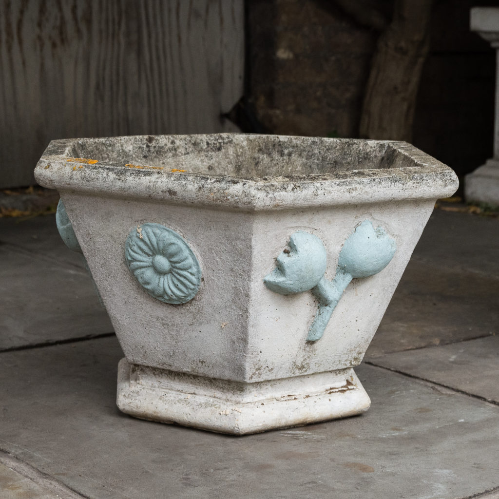 Pair of hexagonal reconstituted stone garden planters,