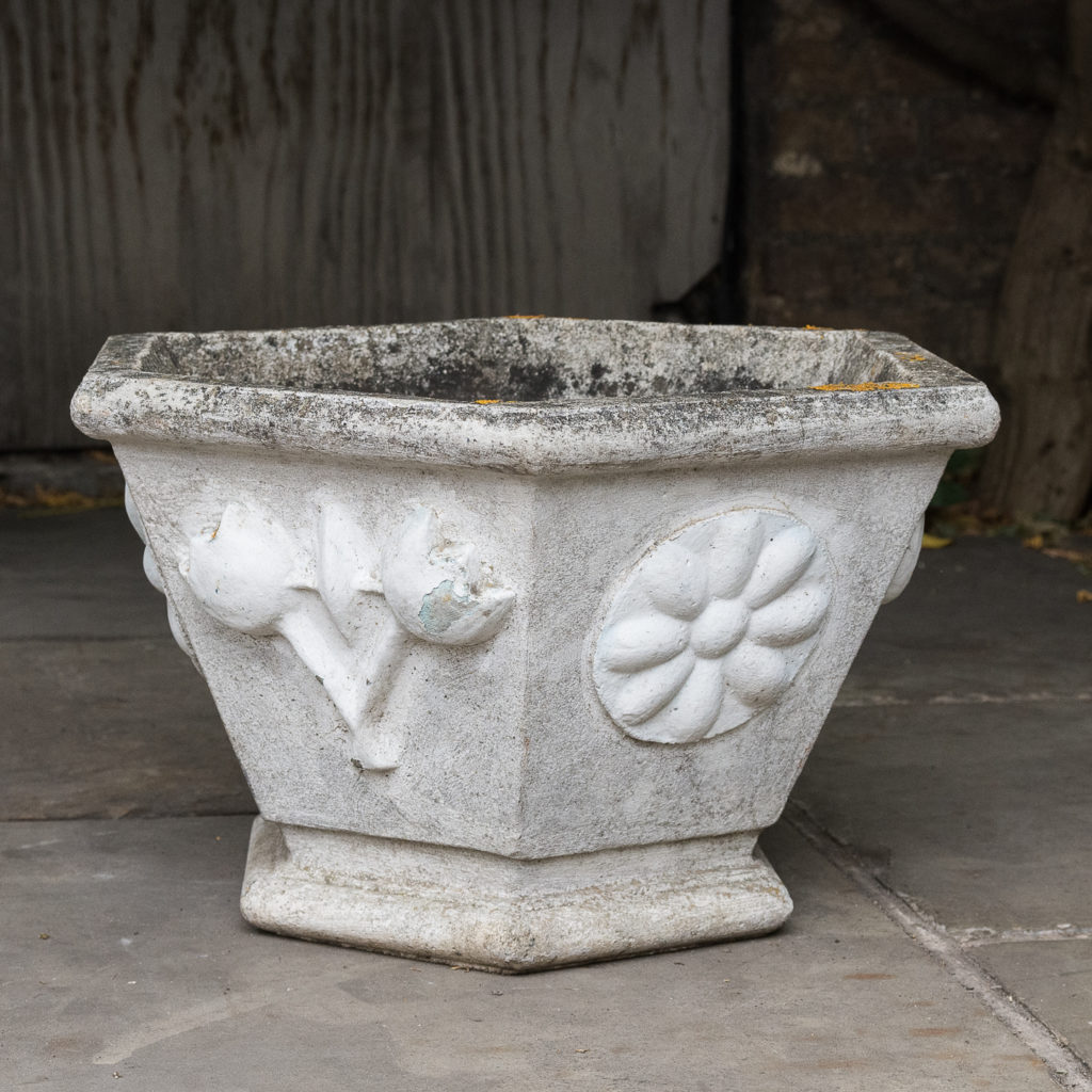 Pair of hexagonal reconstituted stone garden planters,