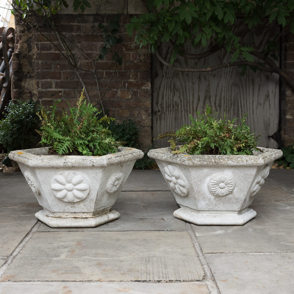 Pair of hexagonal reconstituted stone garden planters,