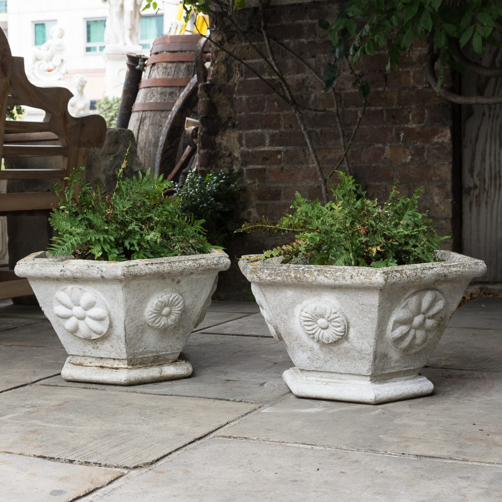 Pair of hexagonal reconstituted stone garden planters,