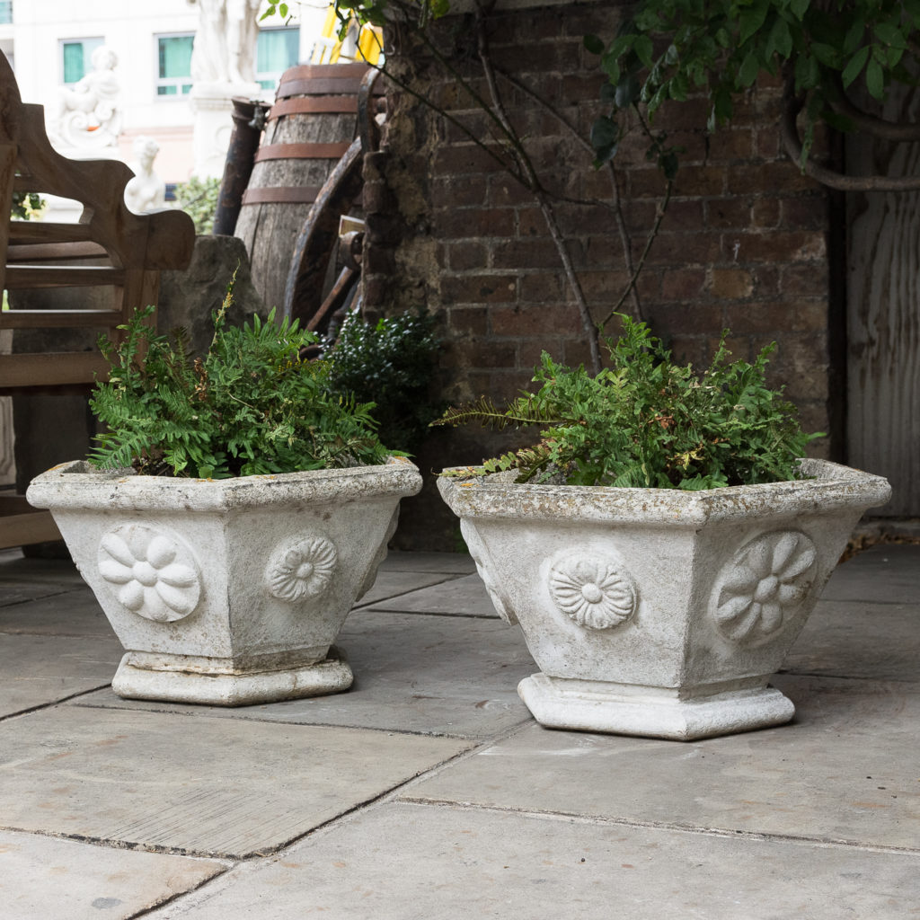 Pair of hexagonal reconstituted stone garden planters,