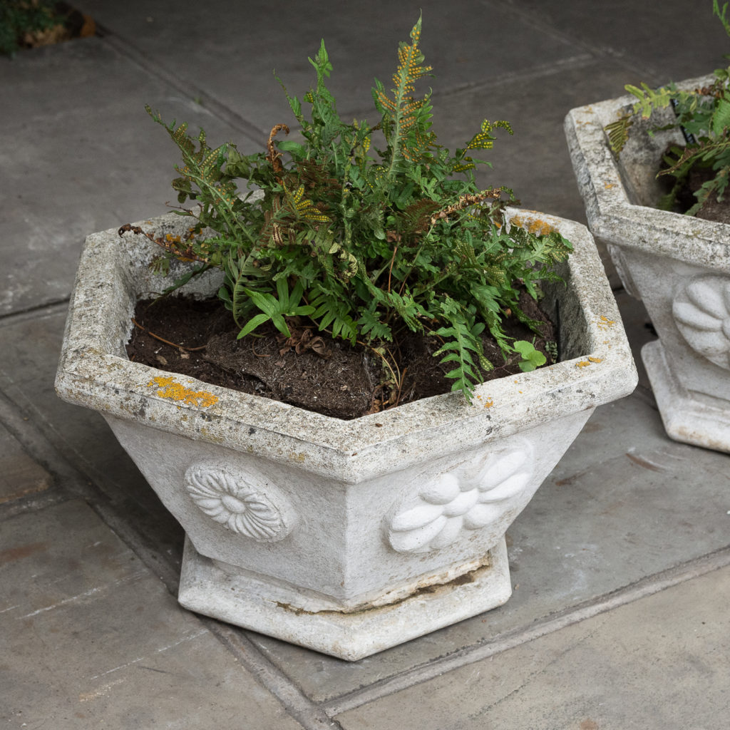 Pair of hexagonal reconstituted stone garden planters,-131437