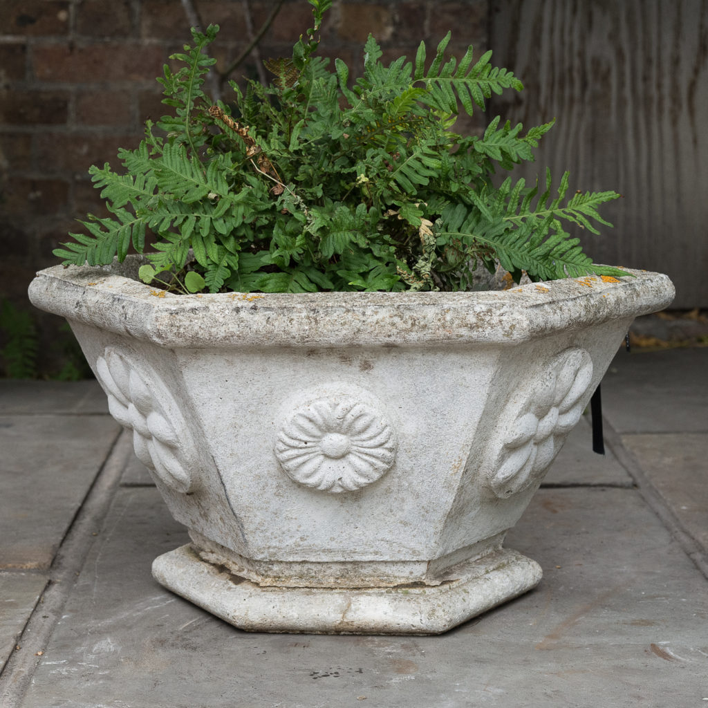 Pair of hexagonal reconstituted stone garden planters,