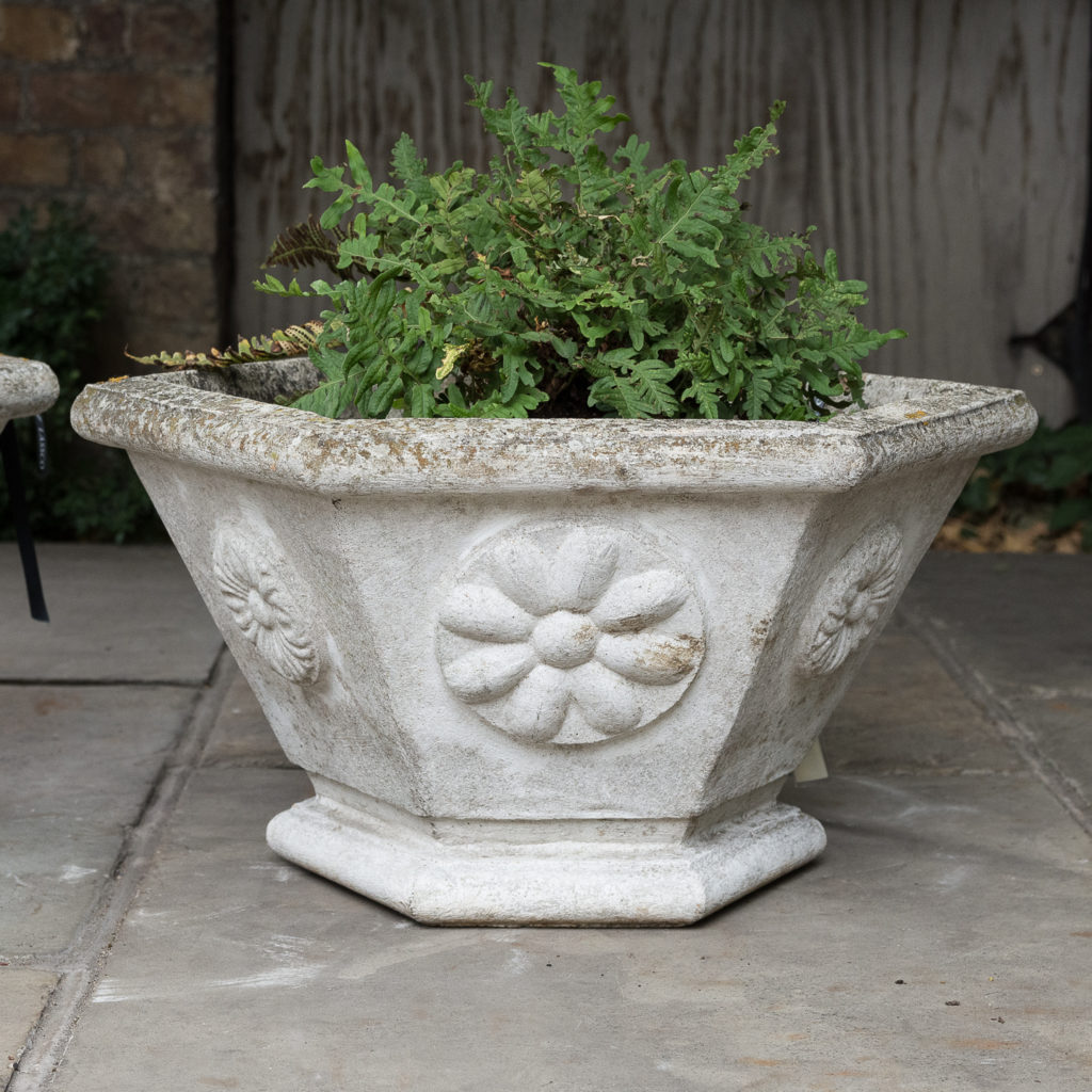 Pair of hexagonal reconstituted stone garden planters,