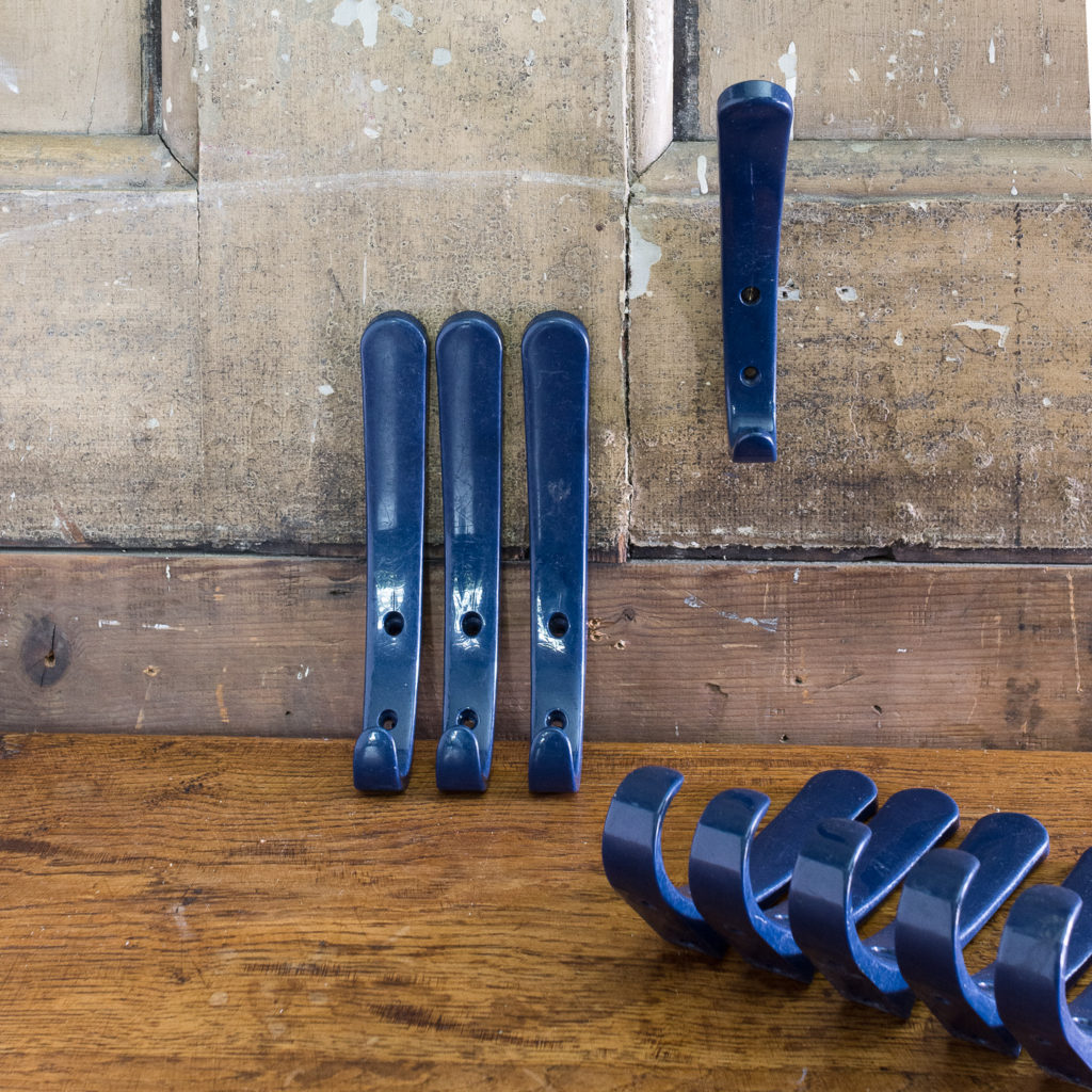 Blue plastic school coat hooks