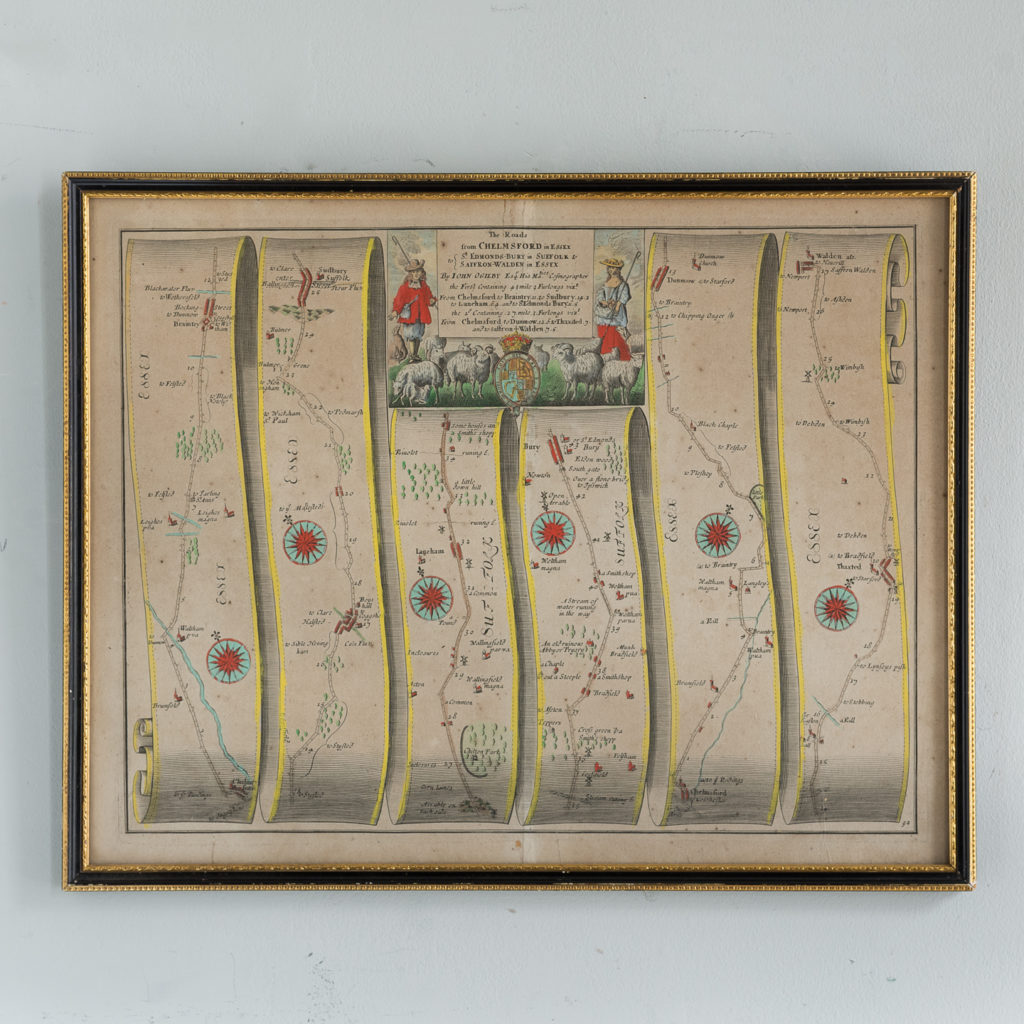 1675 antique map showing the roads from Chelmsford to Saffron Walden and Bury,