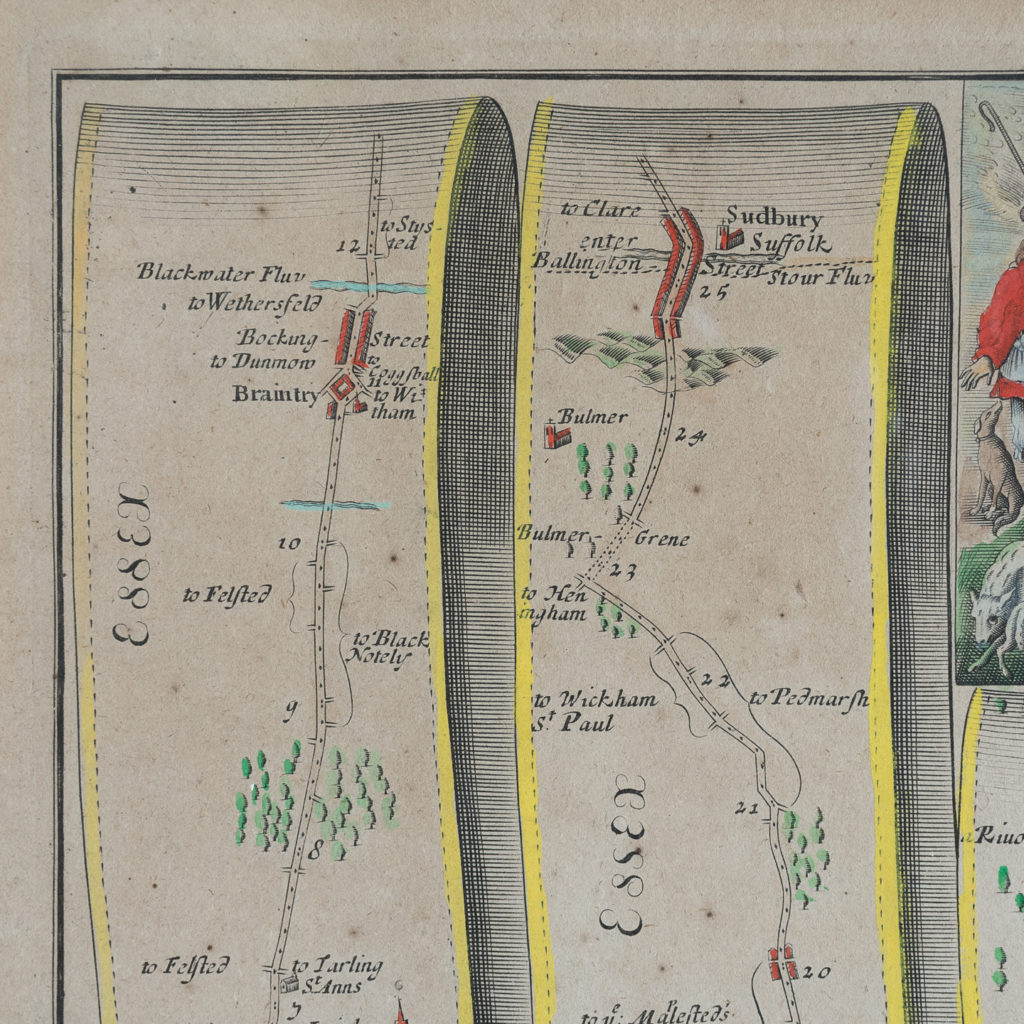 1675 antique map showing the roads from Chelmsford to Saffron Walden and Bury,-130862