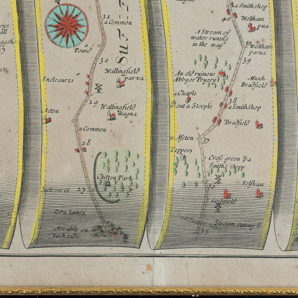 1675 antique map showing the roads from Chelmsford to Saffron Walden and Bury,-130865