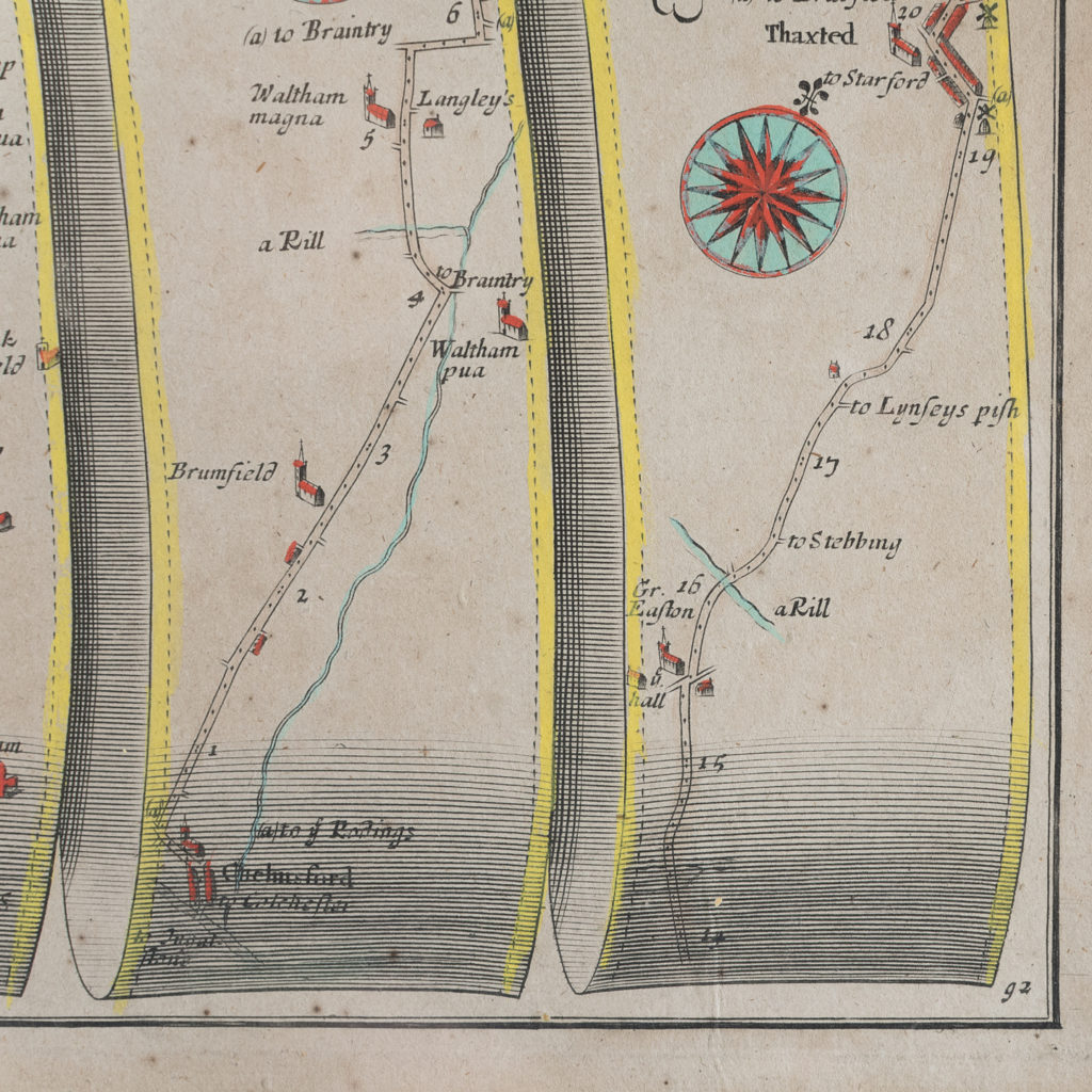 1675 antique map showing the roads from Chelmsford to Saffron Walden and Bury,-130866