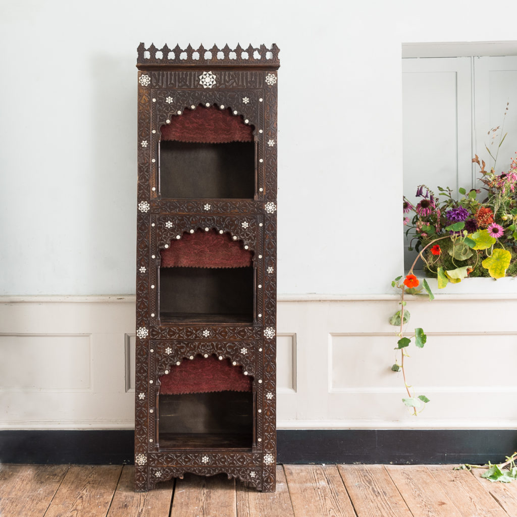 Set of Middle-Eastern teak and mother of pearl inlaid shelves,