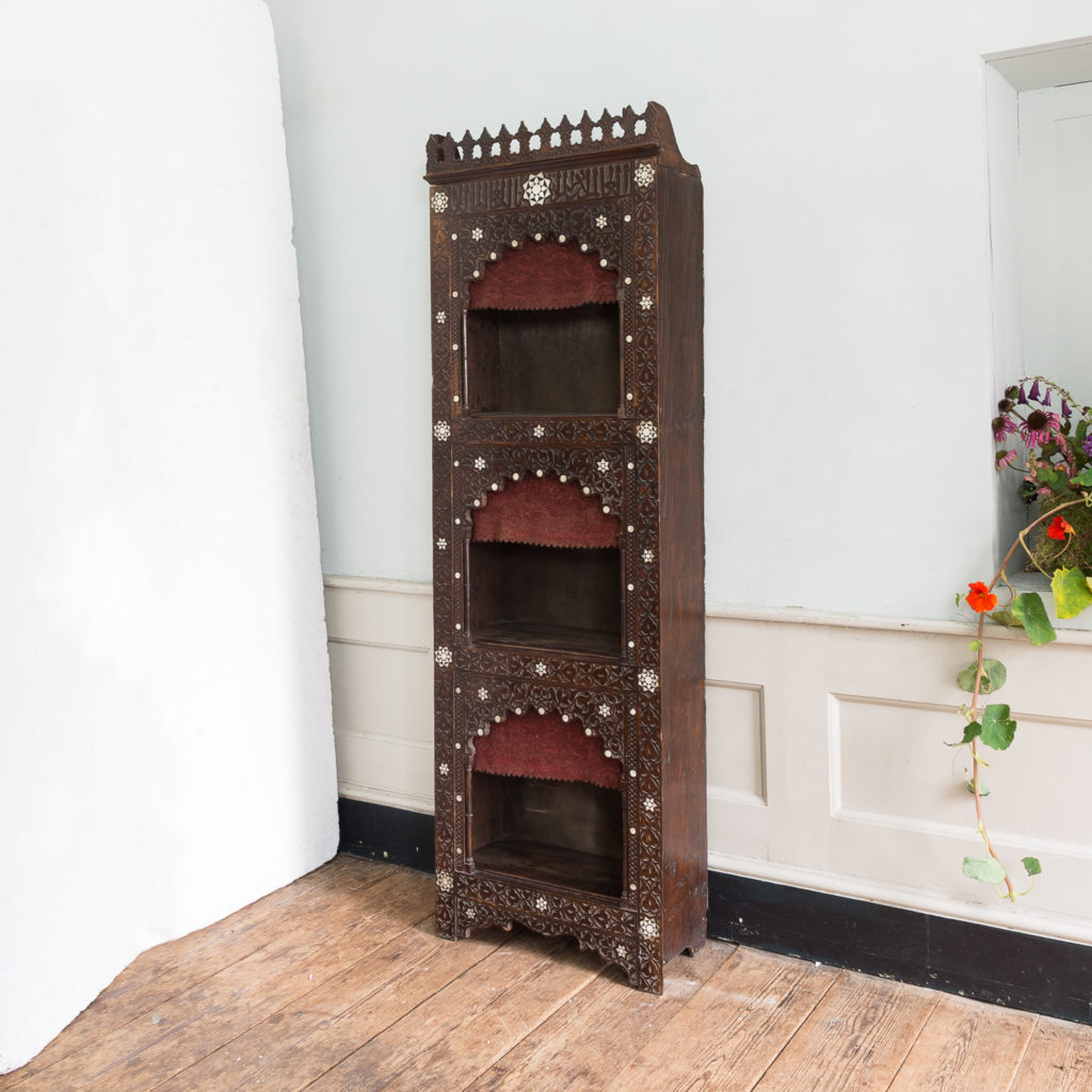 Set of Middle-Eastern teak and mother of pearl inlaid shelves,