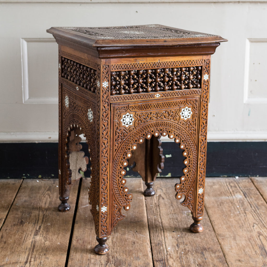 Syrian hardwood carved and inlaid occasional table,