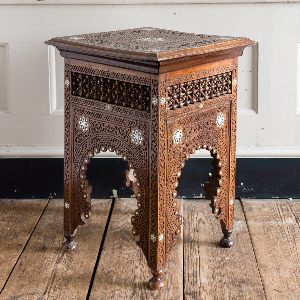 Syrian hardwood carved and inlaid occasional table,