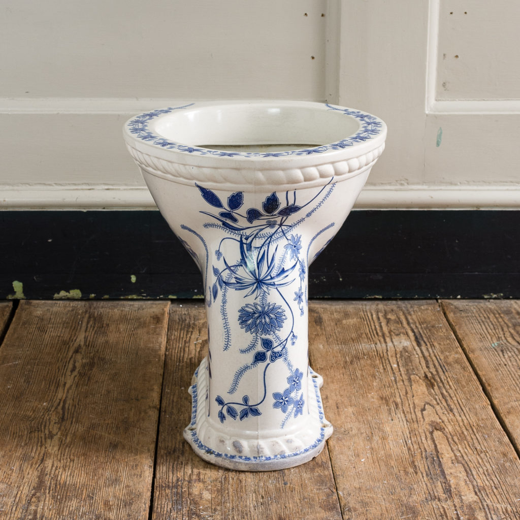 Late Victorian blue and white transfer printed lavatory pan,