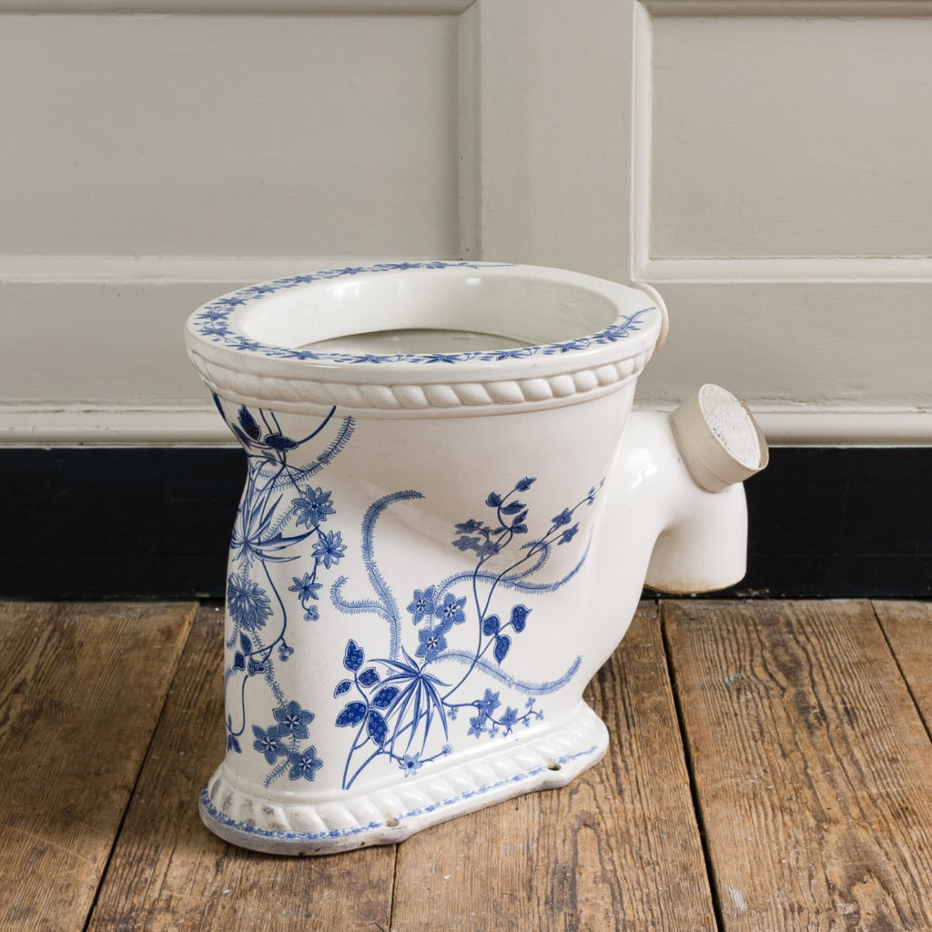 Late Victorian blue and white transfer printed lavatory pan,