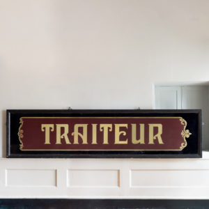 Large early twentieth century French reverse painted caterers signboard,