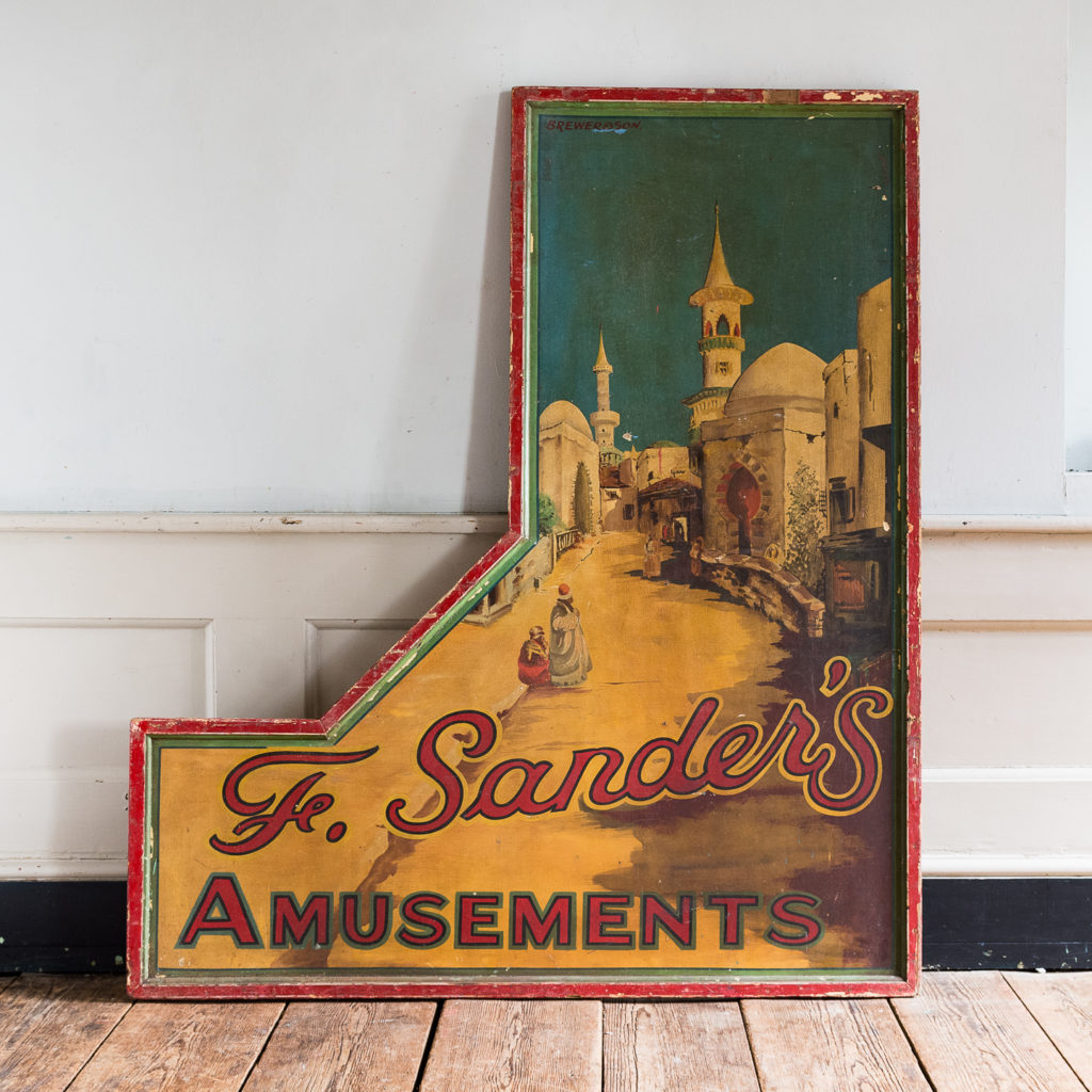 Pair of English mid-twentieth century painted fairground panels,