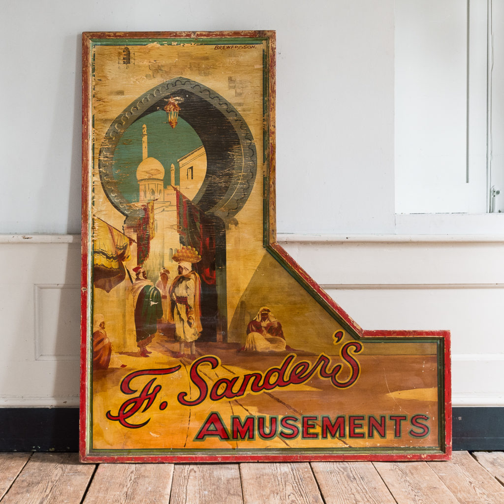 Pair of English mid-twentieth century painted fairground panels,