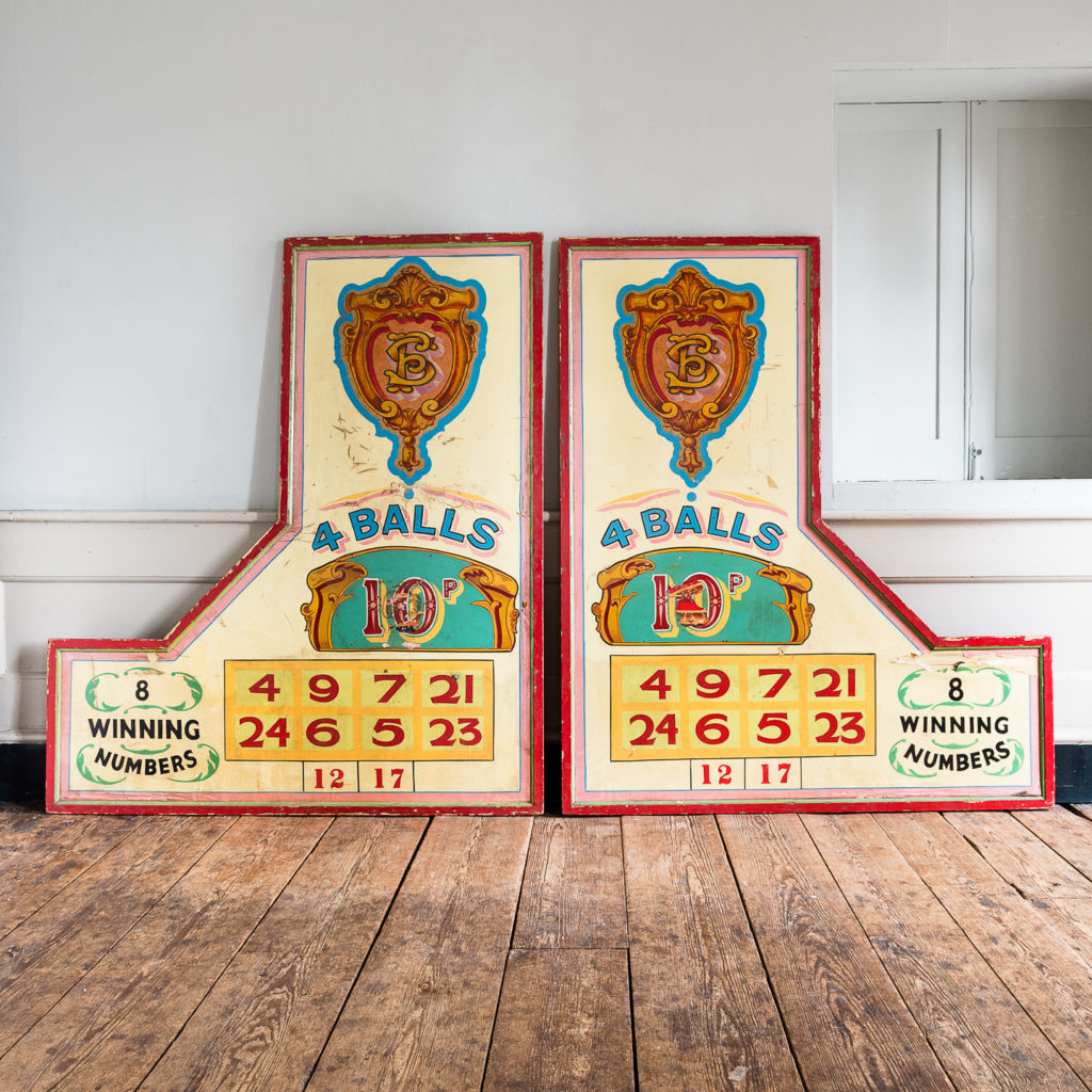 Pair of English mid-twentieth century painted fairground panels,