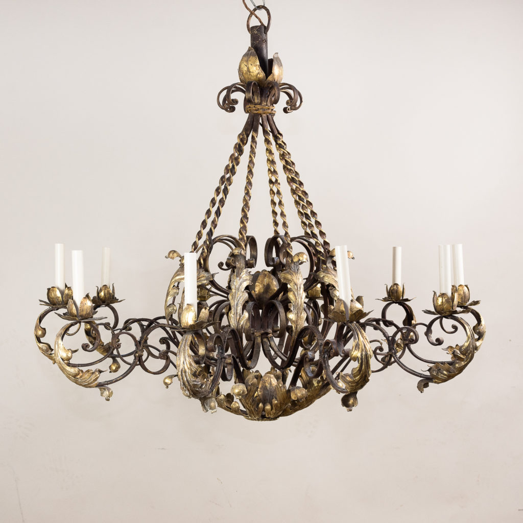 Substantial French 1940s parcel-gilt wrought iron chandelier,