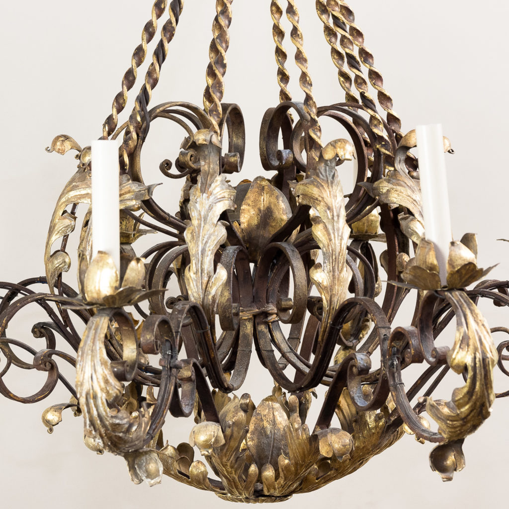 Substantial French 1940s parcel-gilt wrought iron chandelier,