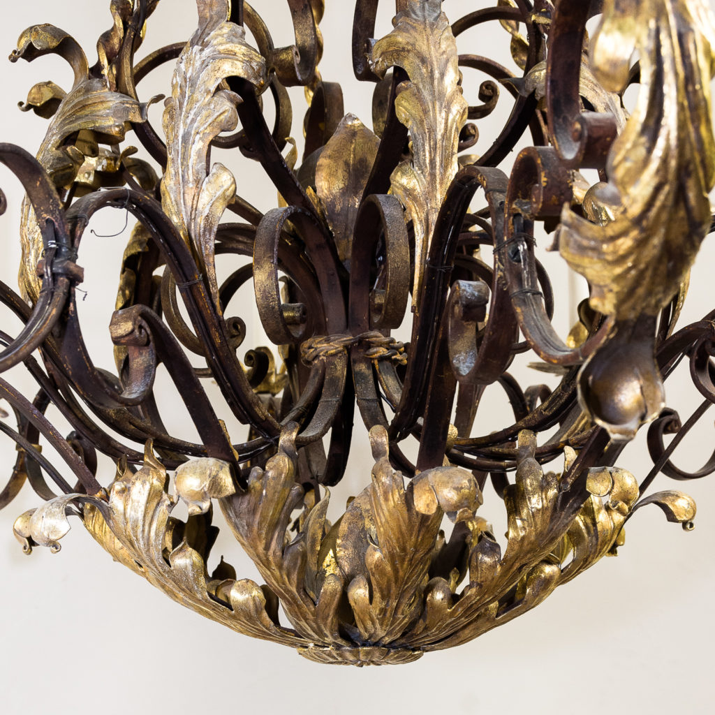 Substantial French 1940s parcel-gilt wrought iron chandelier, -136930