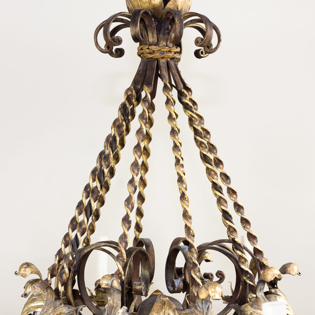 Substantial French 1940s parcel-gilt wrought iron chandelier, -136935