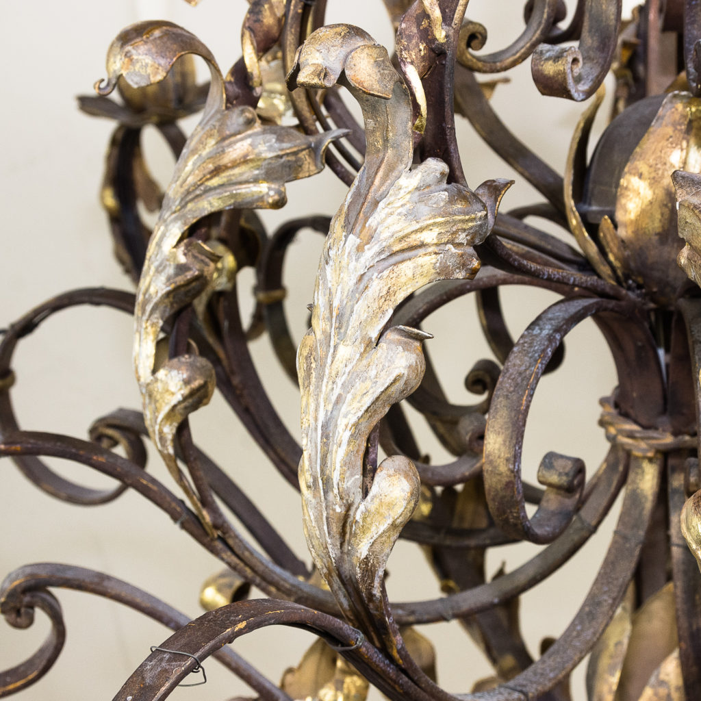 Substantial French 1940s parcel-gilt wrought iron chandelier, -136934