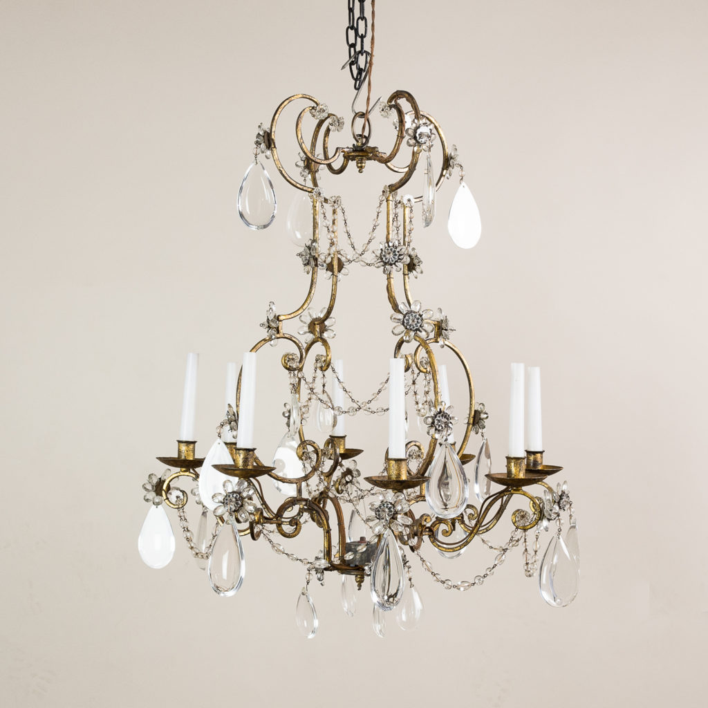 Twentieth century French gilt-metal eight light chandelier,