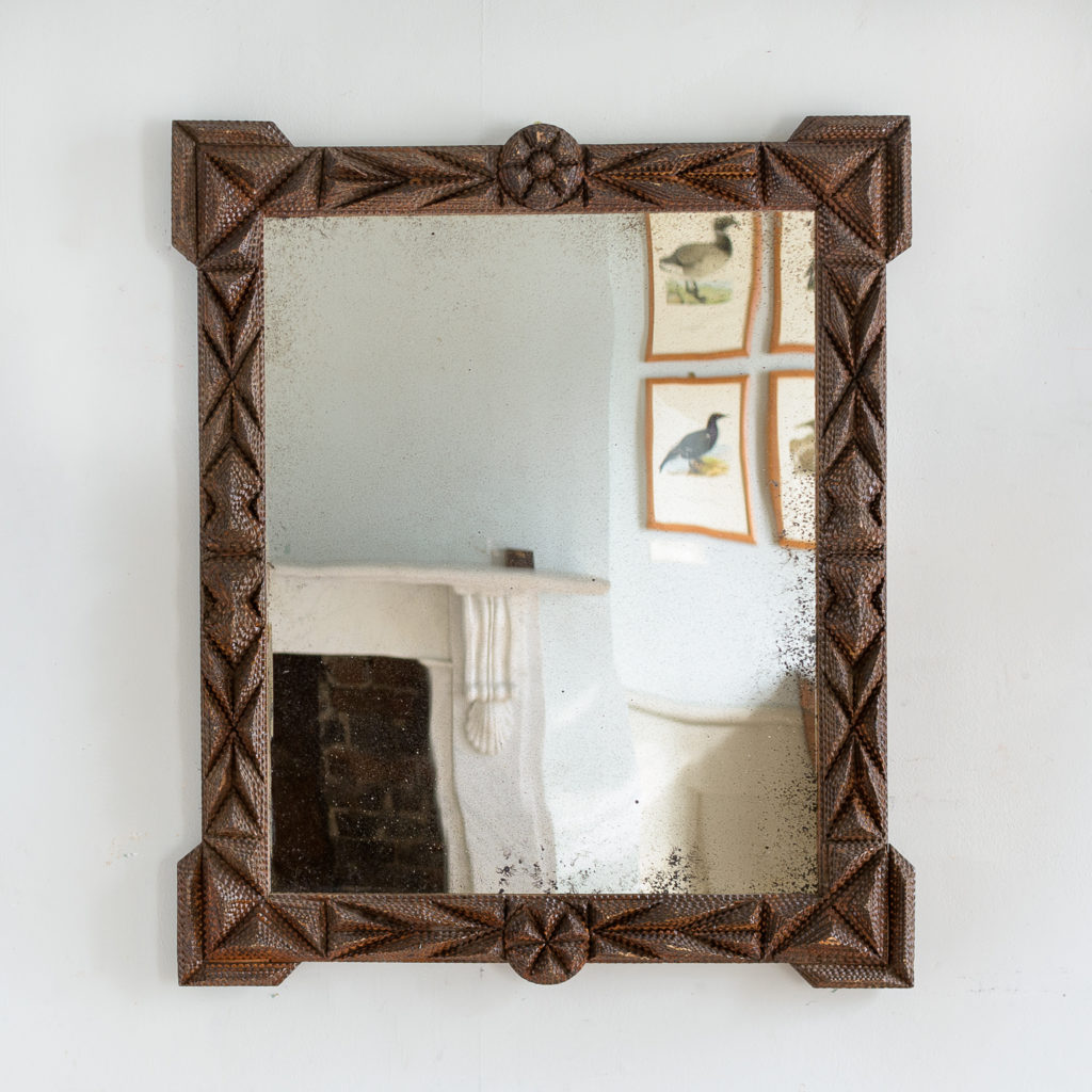 French carved ‘tramp-art’ wall mirror,