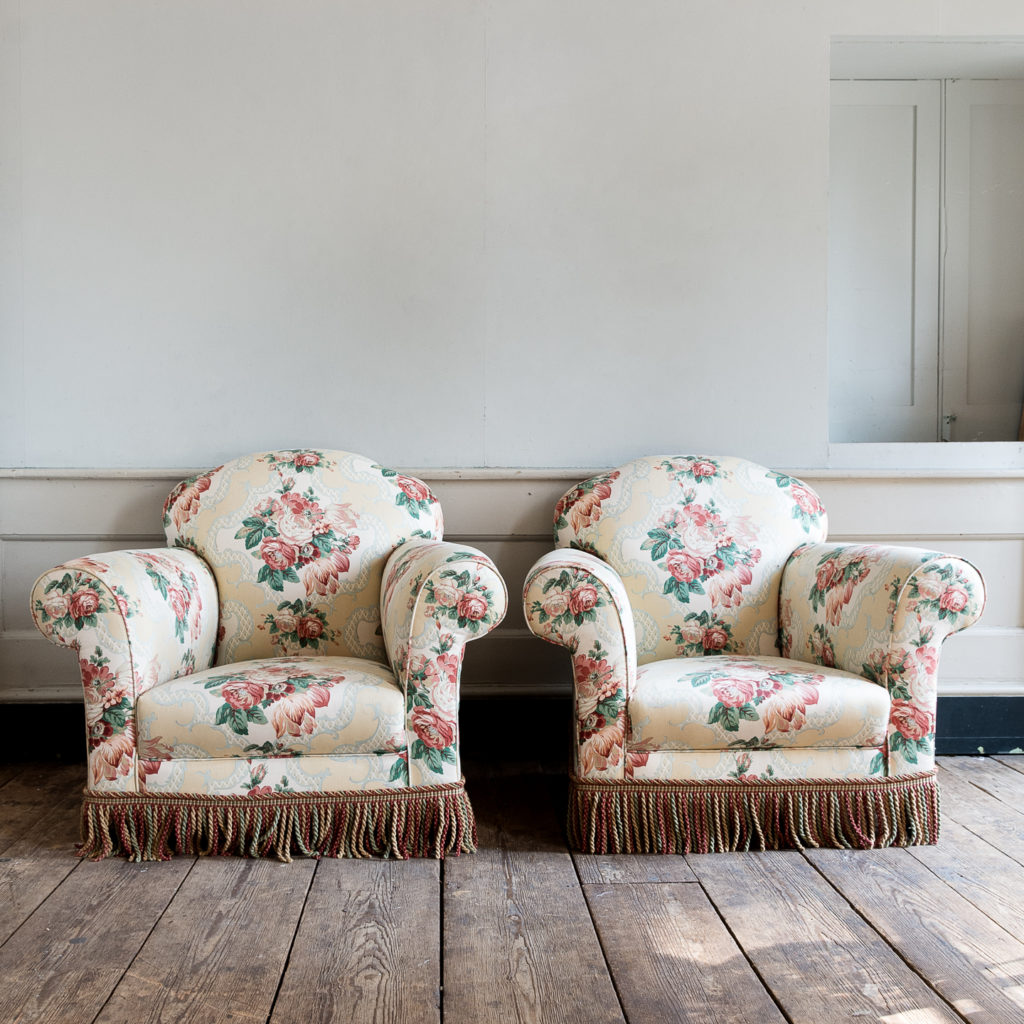 Pair of Victorian chintz upholstered armchairs,