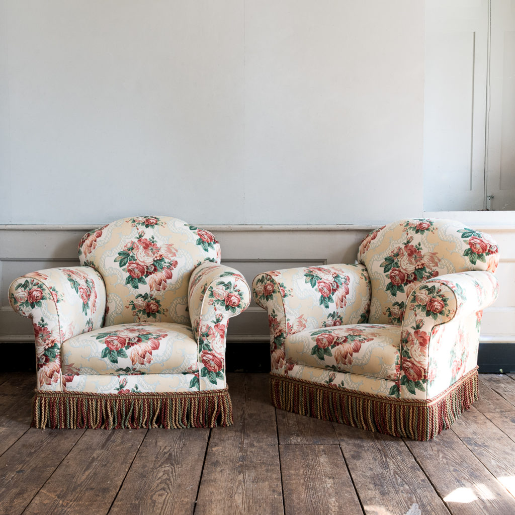 Pair of Victorian chintz upholstered armchairs,