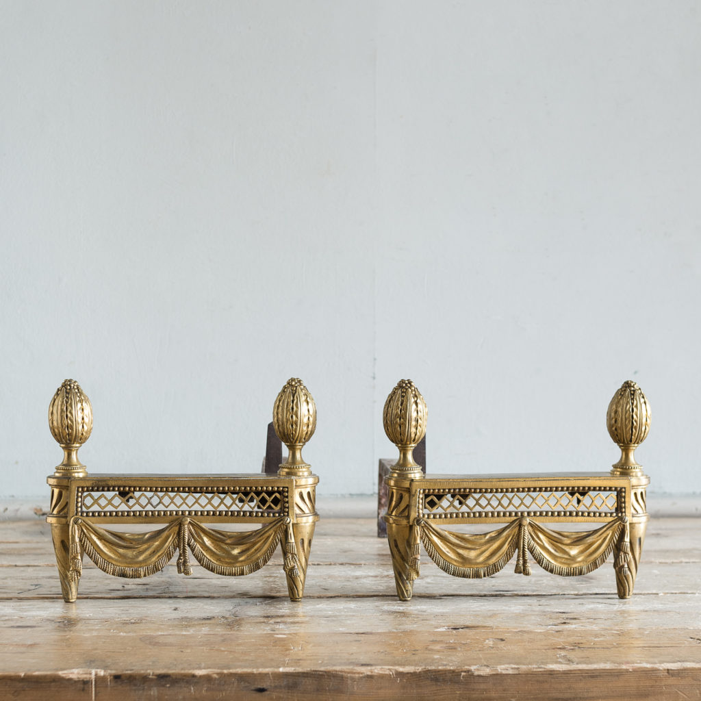 Pair of Louis XVI style Bouhon Freres gilt bronze chenets,