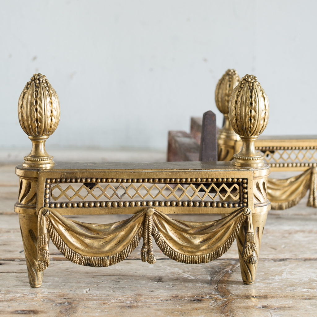 Pair of Louis XVI style Bouhon Freres gilt bronze chenets,