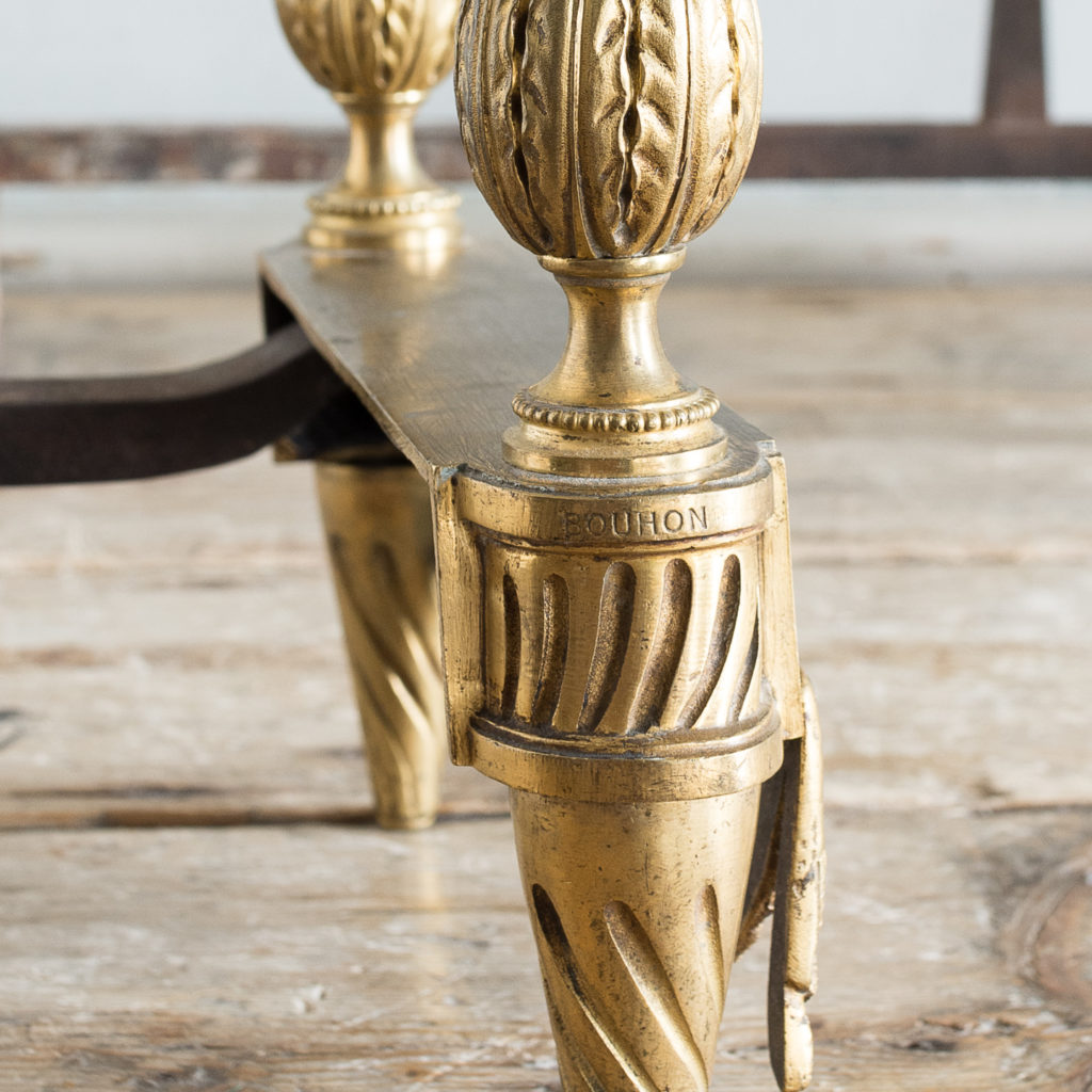 Pair of Louis XVI style Bouhon Freres gilt bronze chenets,-138680