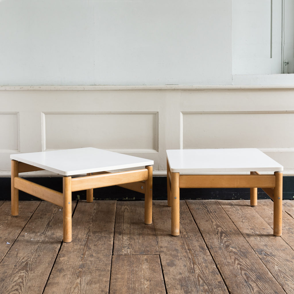 Pair of beech and formica side tables,