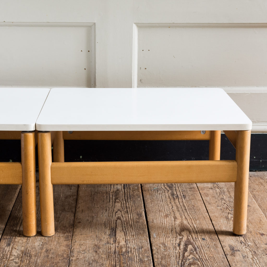 Pair of beech and formica side tables,