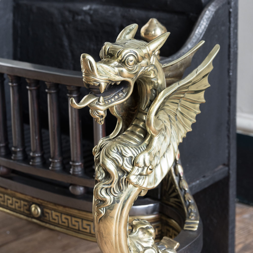 Victorian iron and brass Griffin fire grate, -139854