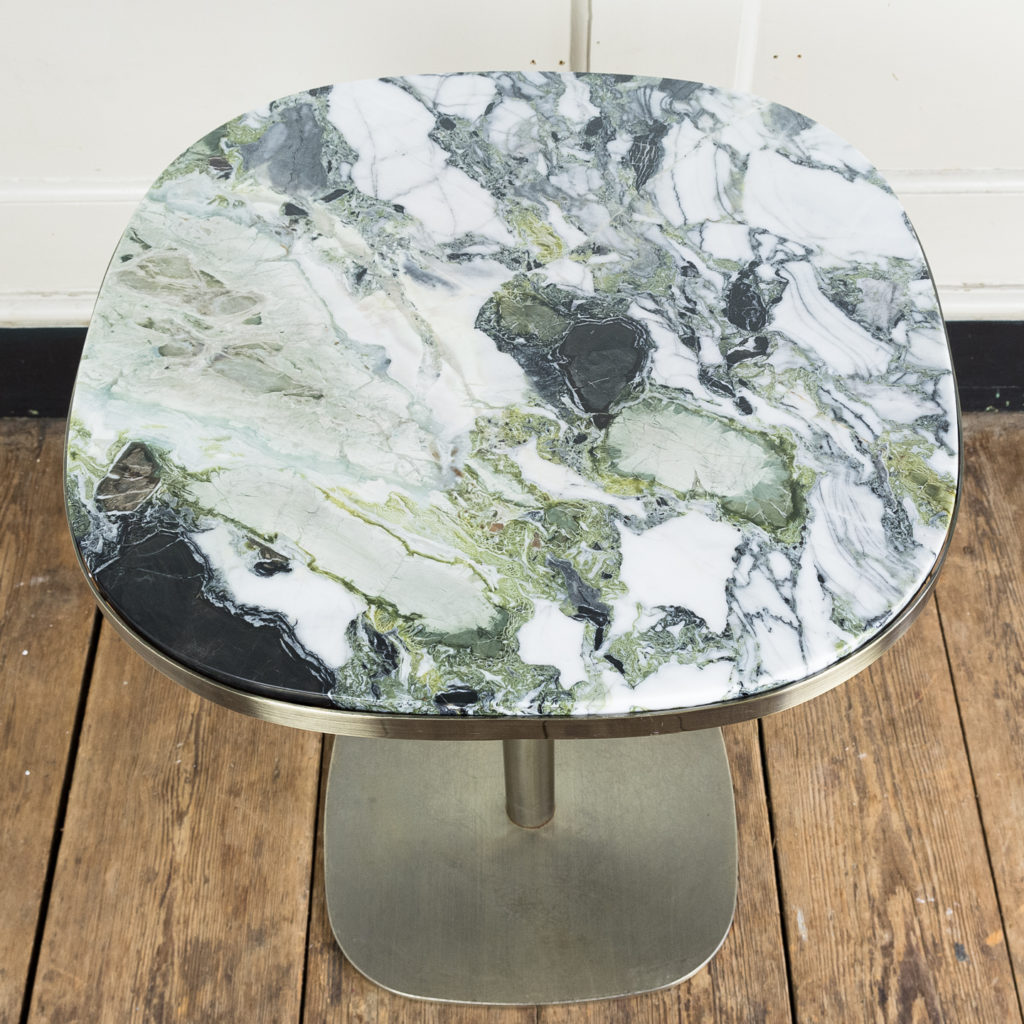 Brushed steel and marble restaurant tables,-139869