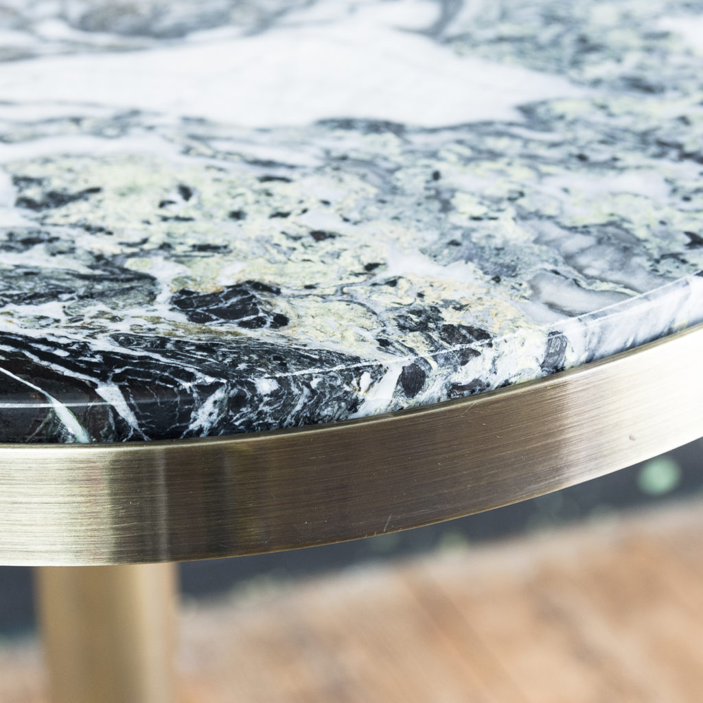 Brushed steel and marble restaurant tables,-139881