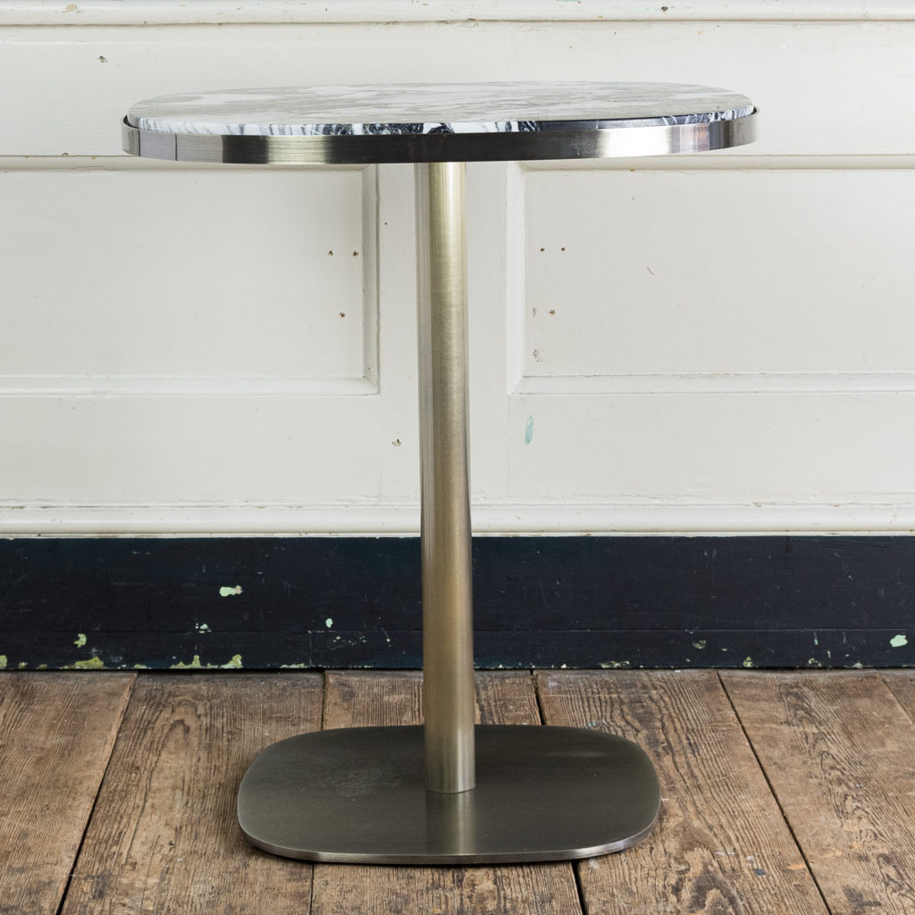 Brushed steel and marble restaurant tables,-139883