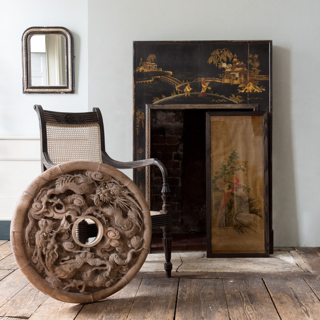 French ebonised and parcel silver-gilt wall mirror,-140003