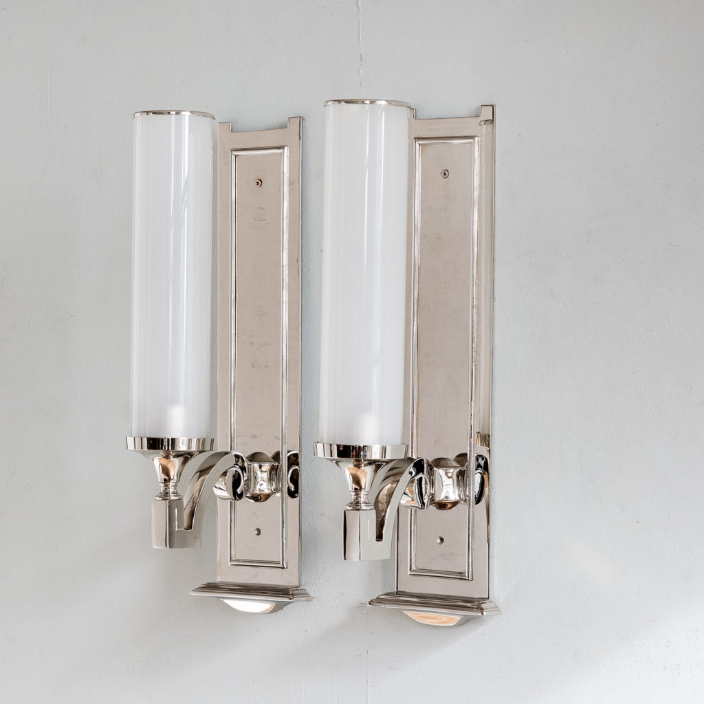 Pair of modern silver-plate storm shade wall sconces,