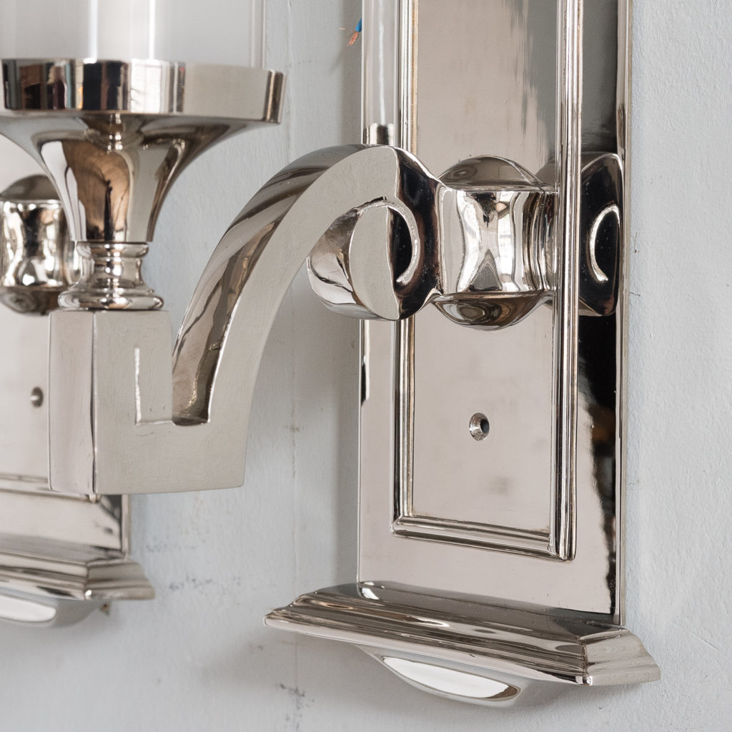 Pair of modern silver-plate storm shade wall sconces, -140418