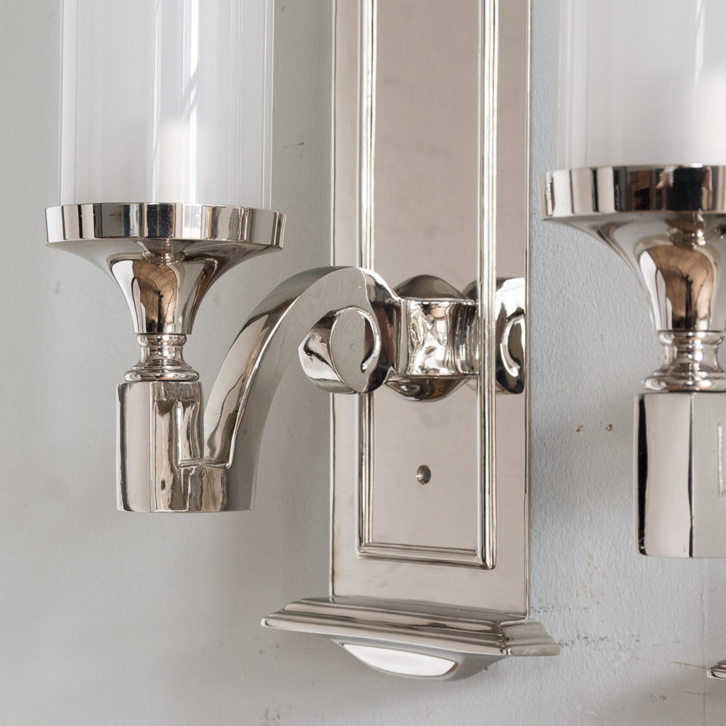 Pair of modern silver-plate storm shade wall sconces, -140420