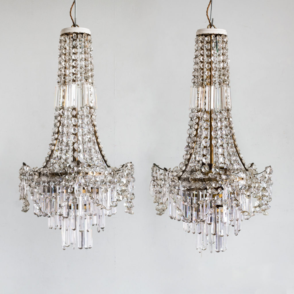 Pair of Regency style glass waterfall chandeliers,